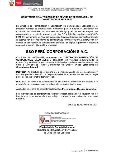 Constancia de autorización del MTPE de 2021