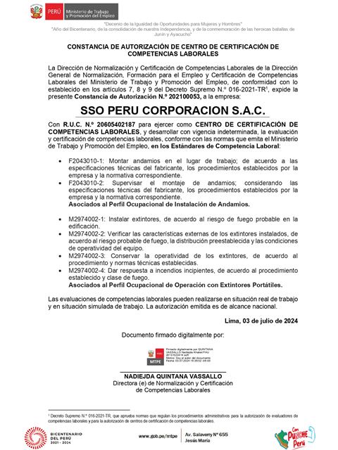 Constancia de autorización del MTPE de 2024