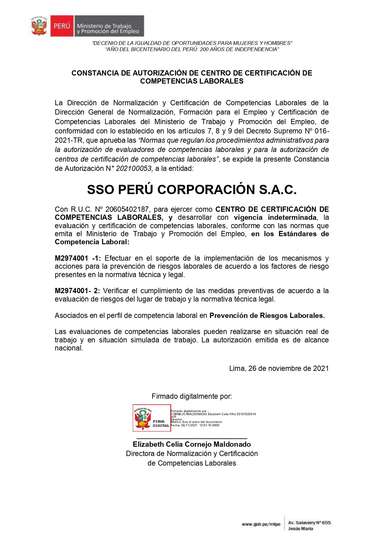 Constancia de certificado - Corporación SSO